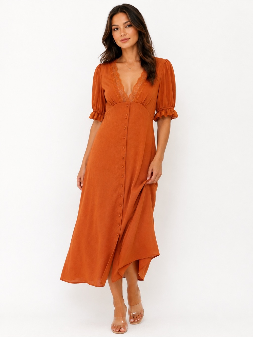 NSR Rust color Button-Front V-Neck Midi Dress with Lace Trim size XL fully lined